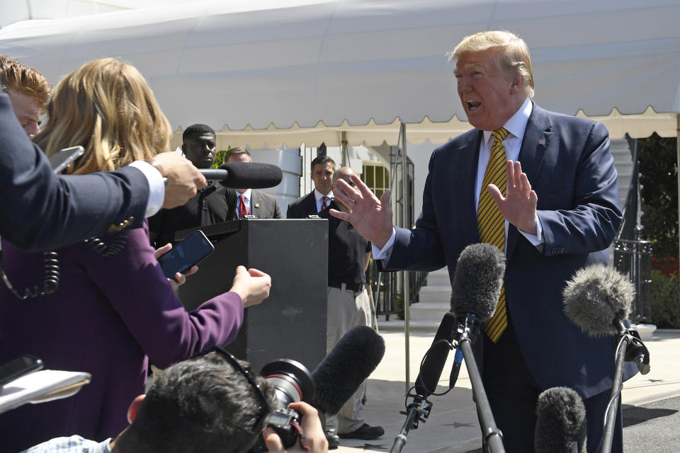 President Donald Trump speaks to reporters on the South Lawn of the White House in Washington, Saturday, June 22, 2019, before boarding Marine One for the trip to Camp David in Maryland. (AP Photo/Susan Walsh)