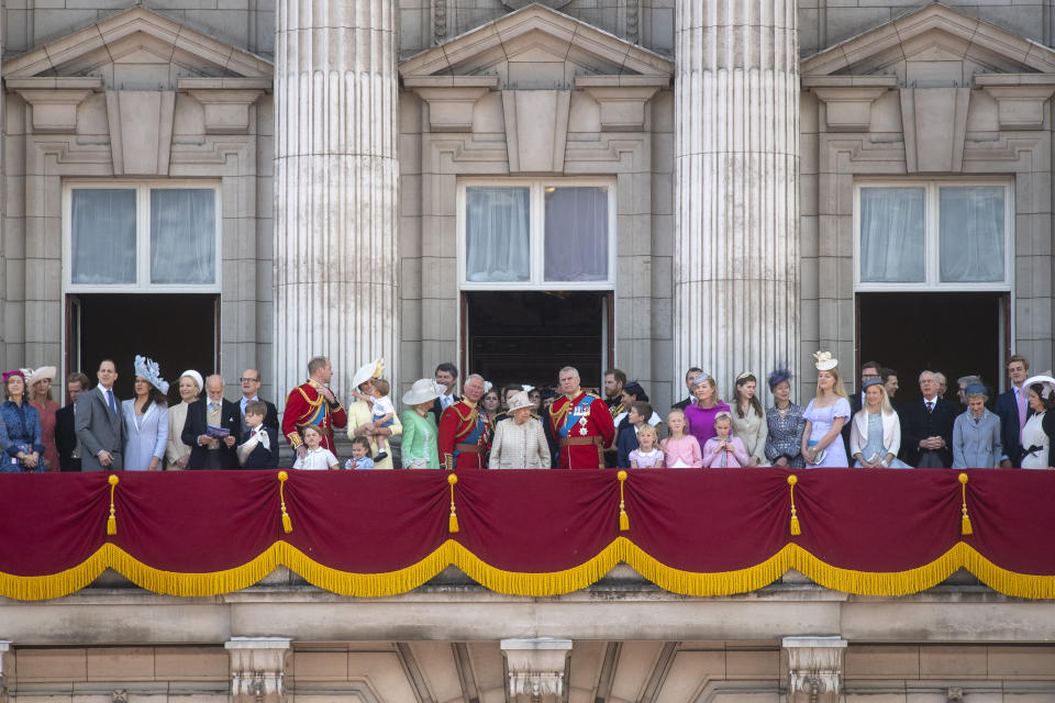 Queen Elizabeth II is joined by members of the royal family on the balcony of Buckingham Place to acknowledge the crowd after the Trooping the Colour ceremony, as she celebrates her official birthday. (Photo by Victoria Jones/PA Images via Getty Images)