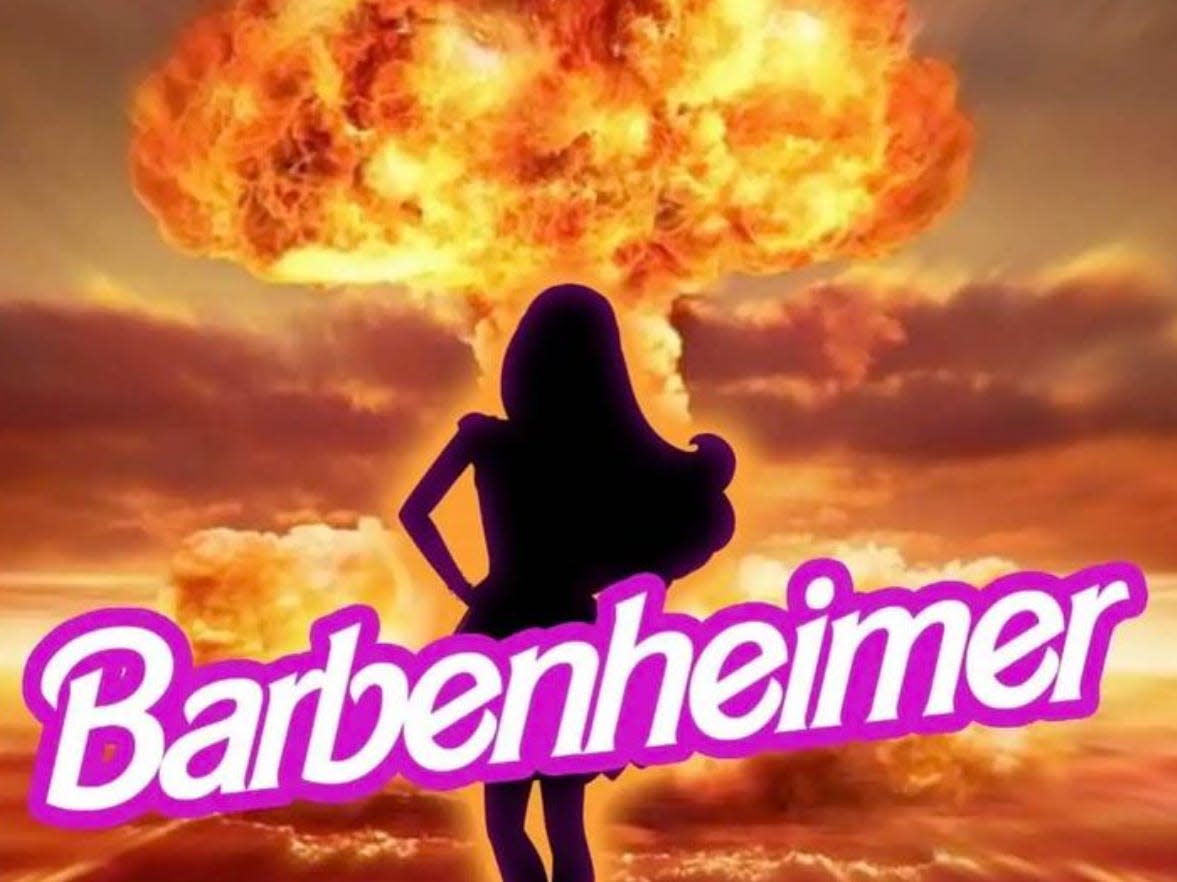 A movie poster for the spoof "Barbenheimer" features the silhouette of a Barbie doll in front of an exploding A-bomb.