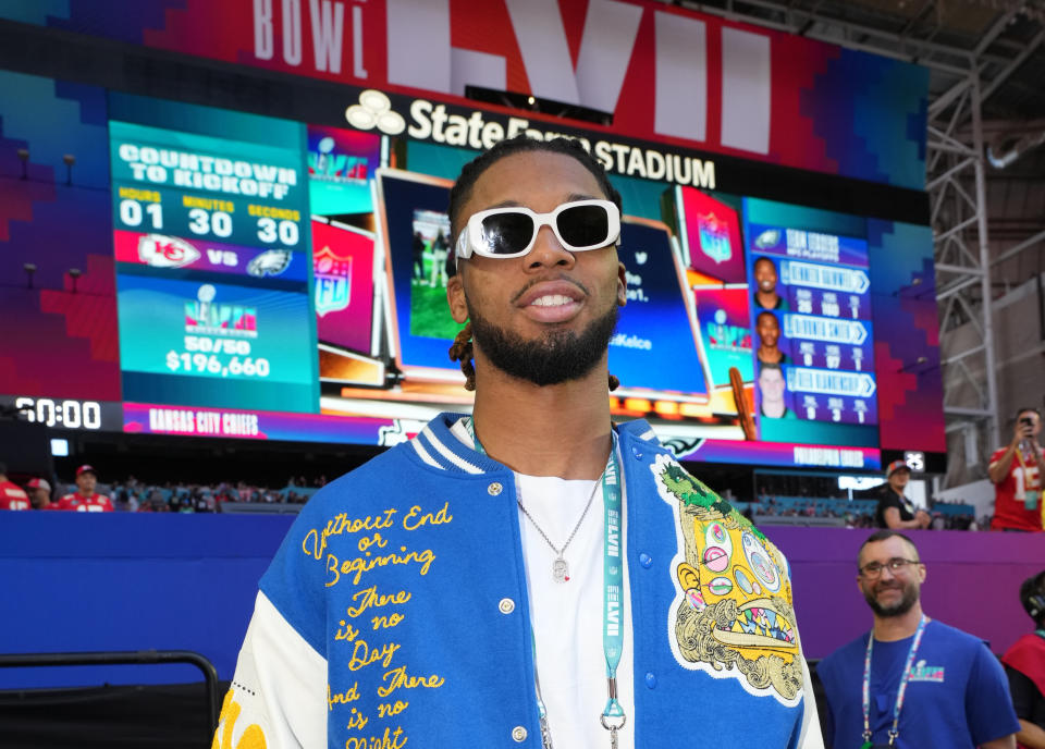 Damar Hamlin attended the Super Bowl in a jacket that later came under scrutiny. (Photo by Kevin Mazur/Getty Images for Roc Nation)