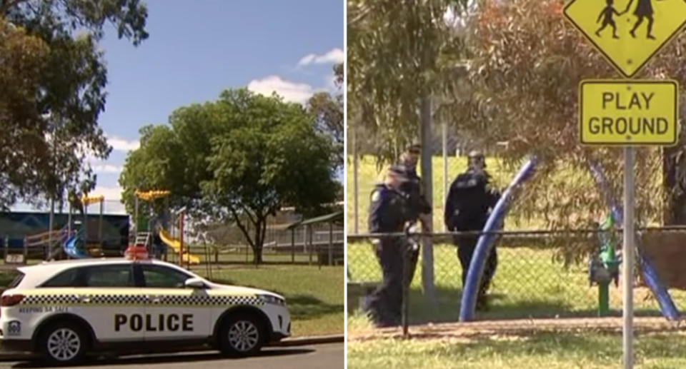 Police at the Adelaide park where the boy found the bottle.