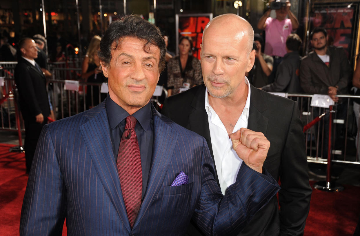 Actors Sylvester Stallone and Bruce Willis arrive at the Los Angeles Special Screening of 