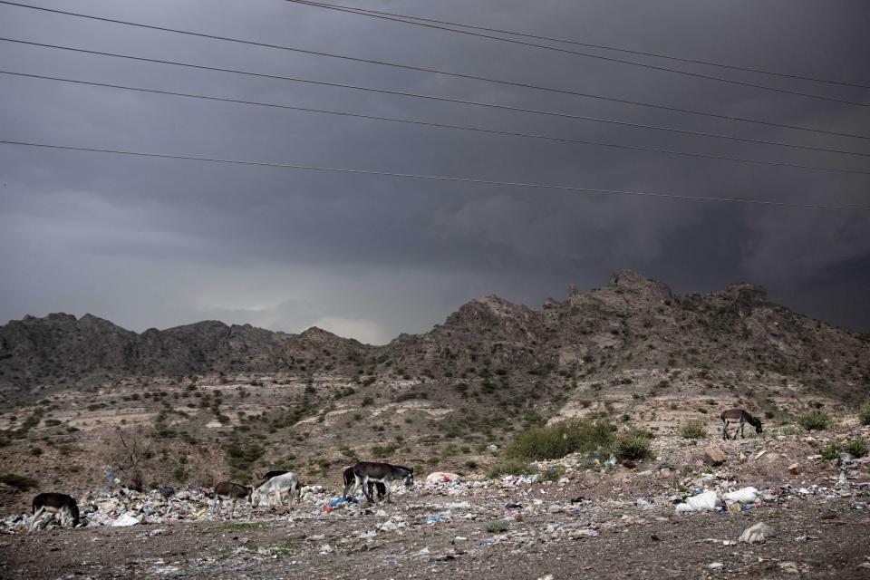 This Aug. 4, 2019 photo shows a road in Dhale province, an active frontline between militiamen backed by the Saudi-led coalition and Houthi rebels, where African migrants cross to continue their journey in Yemen. (AP Photo/Nariman El-Mofty)