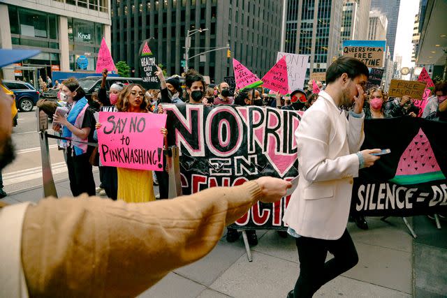 <p>Alexa Wilkinson for ActUp</p> Pro-ceasefire protestors rally for Palestine at the 2024 GLAAD Media Awards