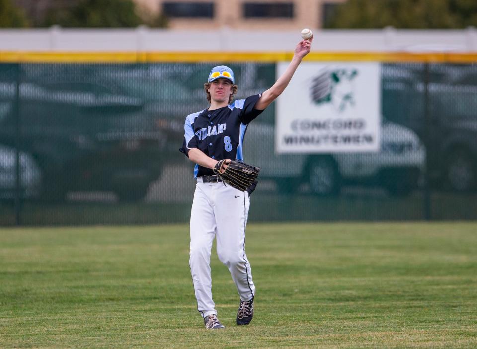 Saint Joseph's Jack Quinn warms up during the Saint Joseph vs. Concord baseball game Tuesday, April 12, 2022 at Concord High School. 