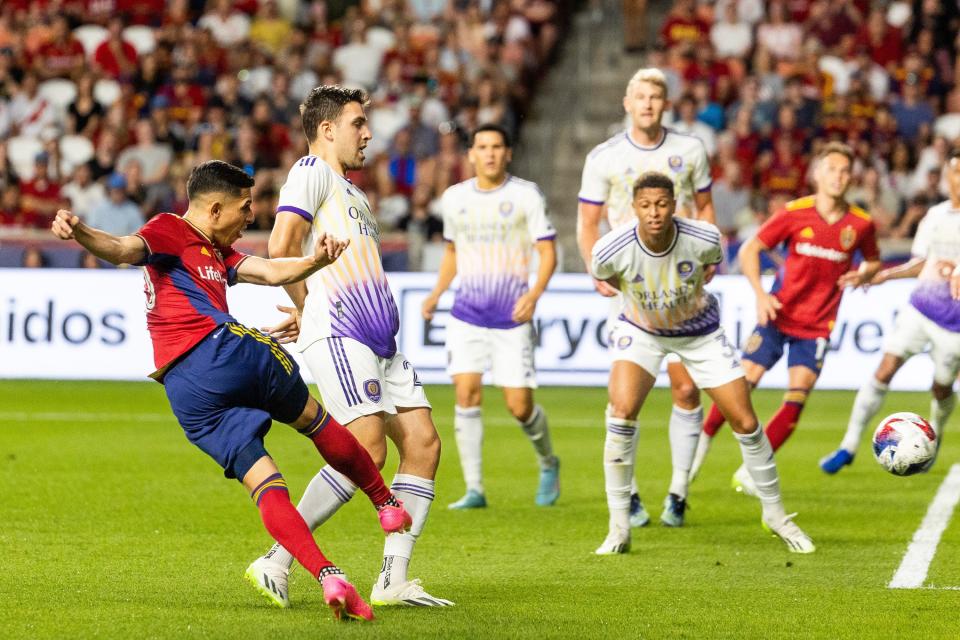 Jefferson Savarino scores a goal for Real Salt Lake in the match against Orlando City at the America First Field in Sandy on Saturday, July 8, 2023. | Megan Nielsen, Deseret News