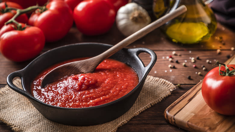 Pan full of tomato sauce
