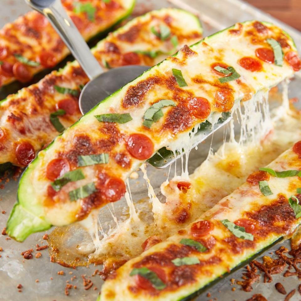 <p>Studded with mini pepperoni, these <a href="https://www.delish.com/uk/cooking/recipes/a29840065/courgette-salad/" rel="nofollow noopener" target="_blank" data-ylk="slk:courgette;elm:context_link;itc:0;sec:content-canvas" class="link ">courgette</a> boats are healthy and irresistibly adorable.</p><p>Get the <a href="https://www.delish.com/uk/cooking/recipes/a32027615/pizza-zucchini-boats-recipe/" rel="nofollow noopener" target="_blank" data-ylk="slk:Pizza Courgette Boats;elm:context_link;itc:0;sec:content-canvas" class="link ">Pizza Courgette Boats</a> recipe.</p>