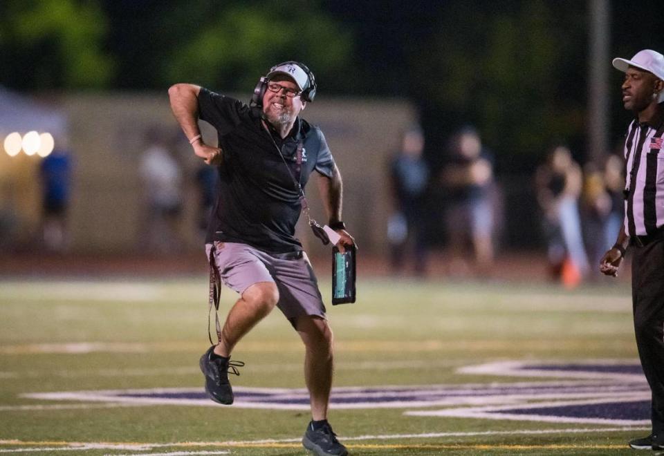 Casa Roble Rams head coach Chris Horner shows frustration during the second quarter as his team plays the The Del Oro Golden Eagles at the high school football game Friday at Casa Roble High School.