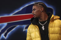 Buffalo Bills second-round draft pick Keon Coleman addresses the media during an NFL football news conference in Orchard Park, N.Y., Saturday, April 27, 2024. (AP Photo/Jeffrey T. Barnes)