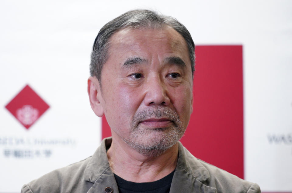 Japanese novelist Haruki Murakami attends a press conference at Waseda University in Tokyo Saturday, Nov. 3, 2018. (AP Photo/Eugene Hoshiko)