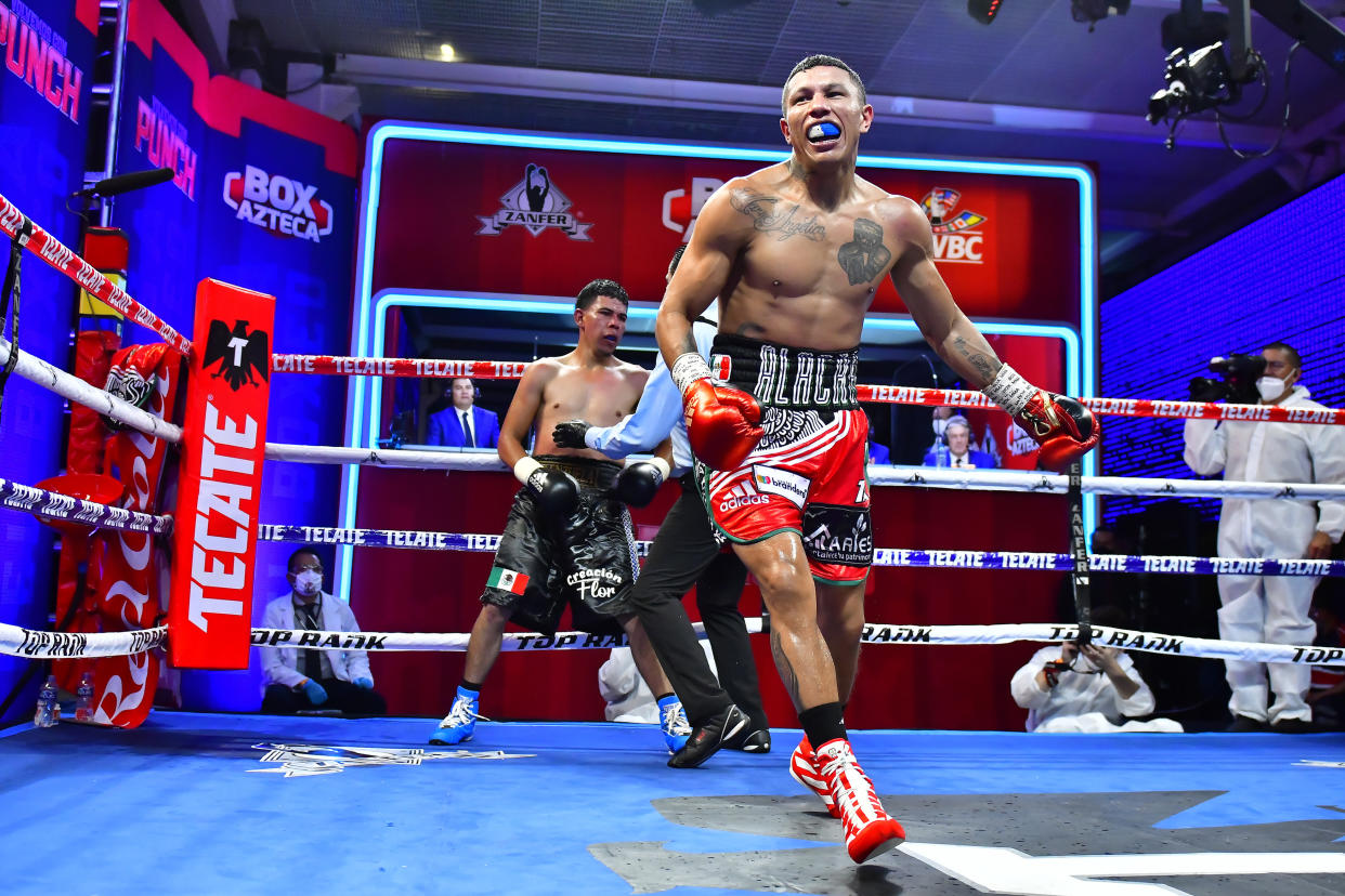 MEXICO CITY, MEXICO - JUNE 27: Miguel 'Alacran' Berchelt celebrates defeating Eleazar 'Tronco' Valenzuela during an unofficial fight At TV Azteca on June 27, 2020 in Mexico City, Mexico. The event is organized and broadcasted by TV Azteca as part of a TV Show. Sporting events are not permitted in Mexico as a preventive measure to halt spread of COVID-19. (Photo by Jaime Lopez/Jam Media for Zanfer/Getty Images)