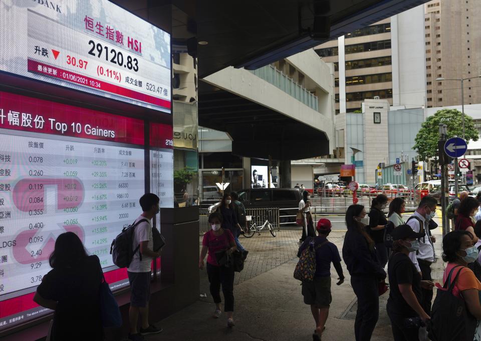 People walk past a bank's electronic board showing the Hong Kong share index in Hong Kong Tuesday, June 1, 2021. Asian stock markets were mixed Tuesday as investors looked ahead to U.S. jobs data for reassurance the biggest global economy is improving following the previous month’s big hiring miss. (AP Photo/Vincent Yu)