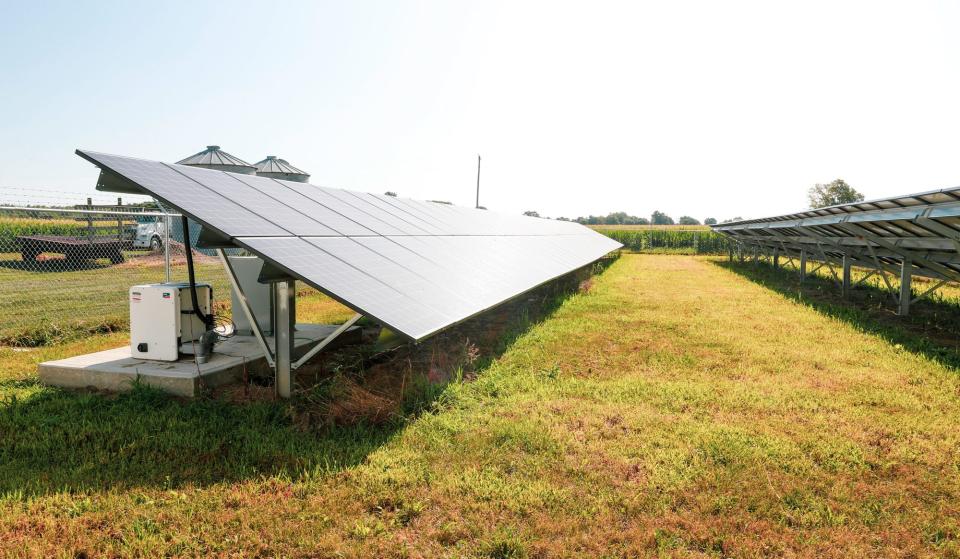 Solar panels provide energy on the Hardin family farm in Danville, Indiana, on Aug. 7, 2019.