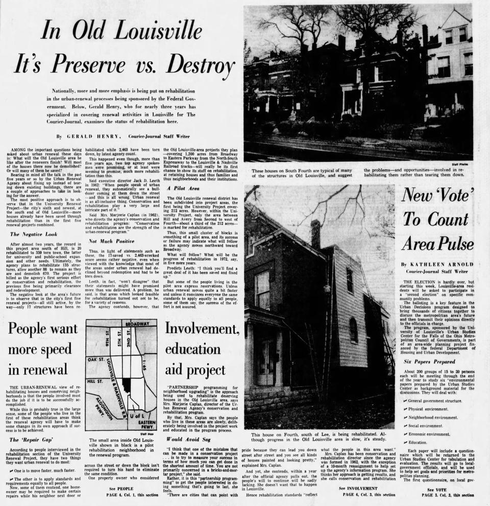 A Courier Journal newspaper story from Nov. 12, 1967, discusses urban renewal efforts.