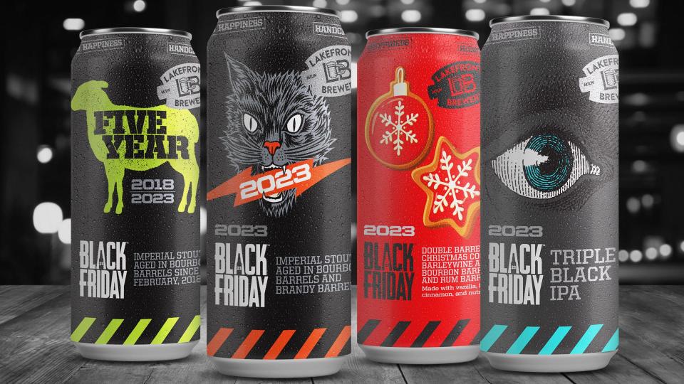 Lakefront Brewery's 2023 Black Friday beer releases include 5-Year-Old, a five-year-aged imperial stout; Imperial Stout, aged in bourbon and brandy barrels; Double Barrel-Aged Christmas Cookie Barleywine; and Triple Black IPA.