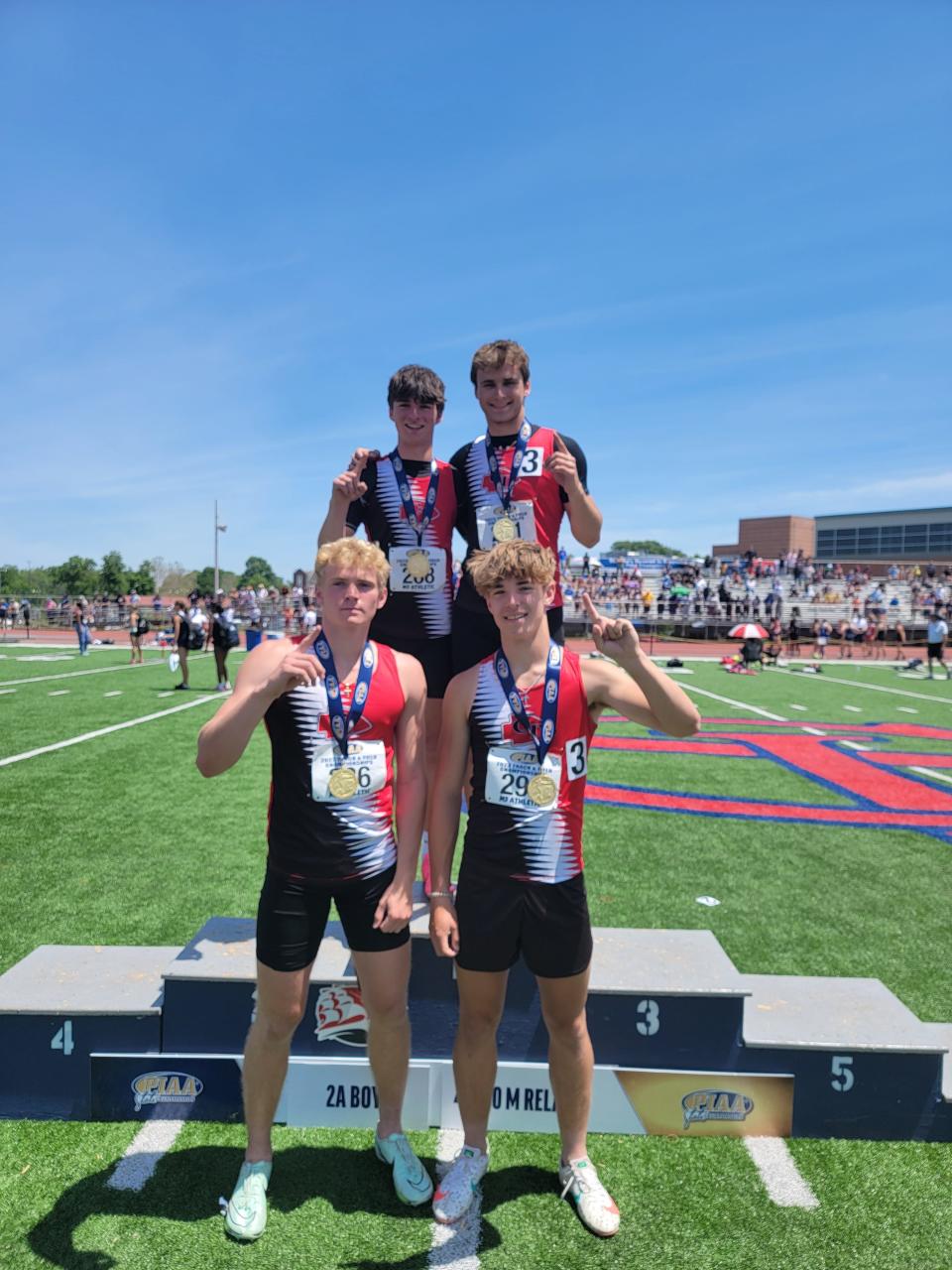 The Conemaugh Township 4x100 relay team of front row, Ethan Black and Garrett Tunstall, back, Cameron Dunn and Jon Updyke won gold at the PIAA Class 2A Track and Field Championships, May 27, at Shippensburg University.