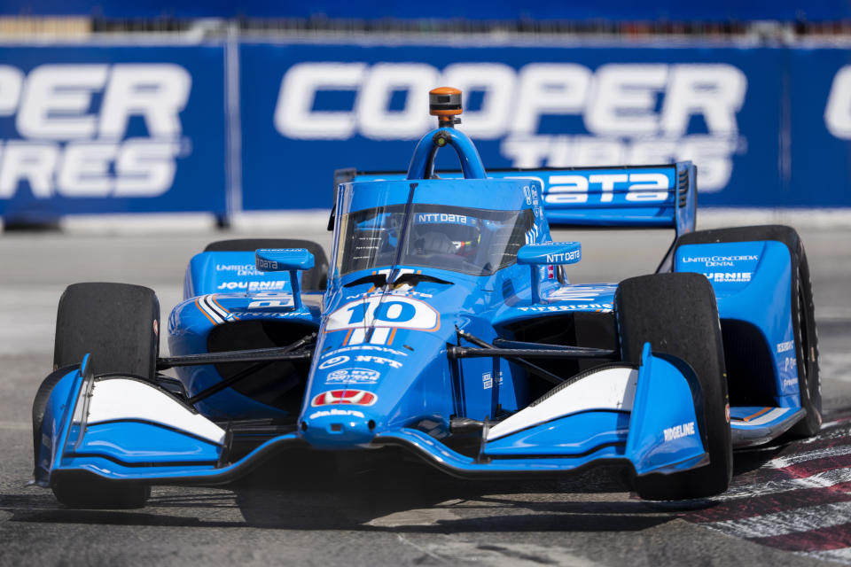 Alex Palou, of Spain, drives during practice for the IndyCar auto race in Toronto, Friday, July 15, 2022. (Andrew Lahodynskyj/The Canadian Press via AP)