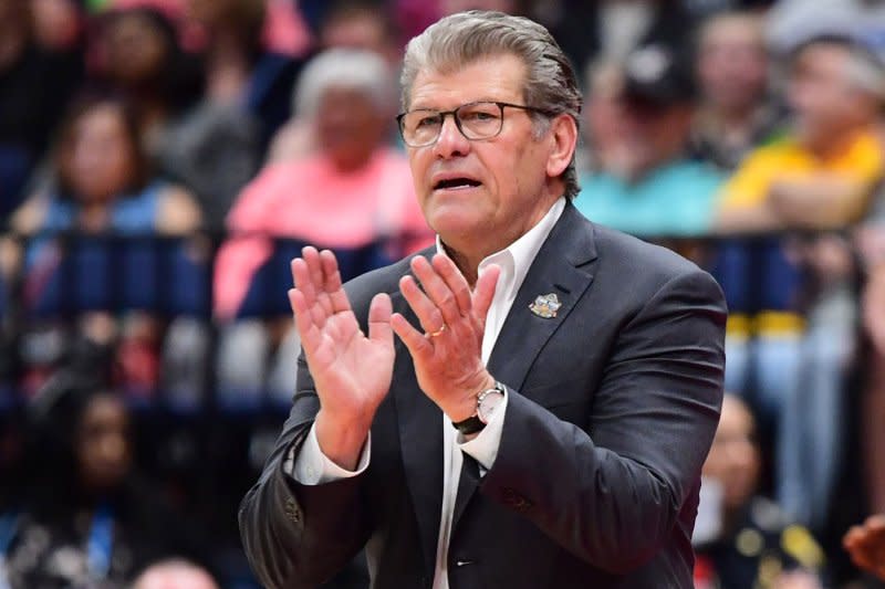 UConn Huskies head coach Geno Auriemma trails Stanford's Tara VanDerveer, the all-time winningest coach in college basketball, by just six victories. File Photo by Kevin Dietsch/UPI