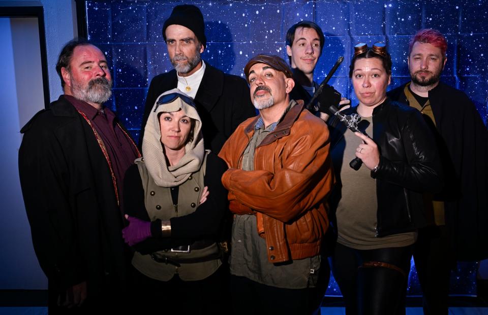 Characters played by Matt Weaver, left, Ashton Shoenhair, Joe Harding, Ryan Bettencourt, Michael Newman, Sarah Albright and Austin Arnett will help audience members solve a murder on the lonely ice planet of Hoth during the A Galaxy Far Far Away fundraiser dinner at Encore Theater.