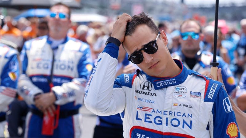 Chip Ganassi Racing driver Álex Palou (10) of Spain stands before the singing of the American National Anthem during the 2023 Gallagher Grand Prix at Indianapolis Motor Speedway in Indianapolis.