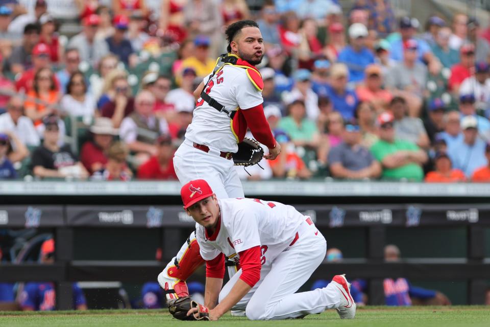 Mar 1, 2024; Jupiter, Florida, USA; St. Louis Cardinals catcher Wilson Contreras (40) throws to first base and retires New York Mets designated hitter Ji-Man Choi (not pictured) during the fourth inning at Roger Dean Chevrolet Stadium. Mandatory Credit: Sam Navarro-USA TODAY Sports