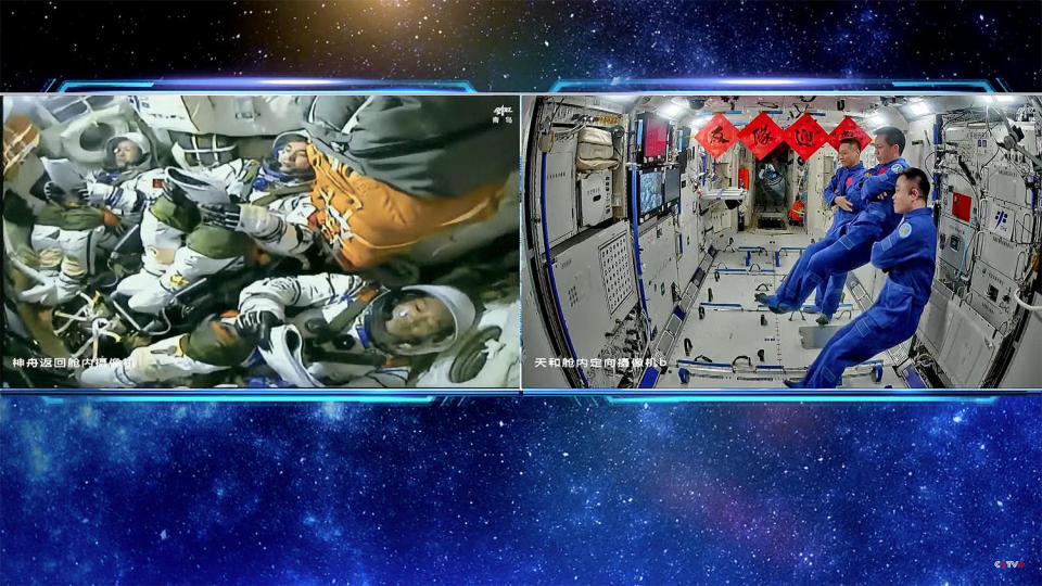 The crew of Shenzhou 18 (left) monitors cockpit displays during the ascent to space while the crew of Shenzhou 17 replaces their watches during the ascent from the Tiangong space station.  / Credit: CCTV