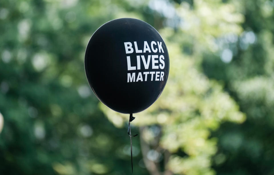 WASHINGTON, DC - JUNE 27: A Black Lives Matter ballon is seen at the Navy Memorial to support Black Lives Matter during the Black Mamas March a protest against police brutality and racial inequality in the aftermath of the death of George Floyd on June 27, 2020 in Washington, DC. Demonstrators took part to voice their support for racial equality and to honour the memory of George Floyd, whose death at the hands of police in Minneapolis sparked protests worldwide. (Photo by Michael A. McCoy/Getty Images)