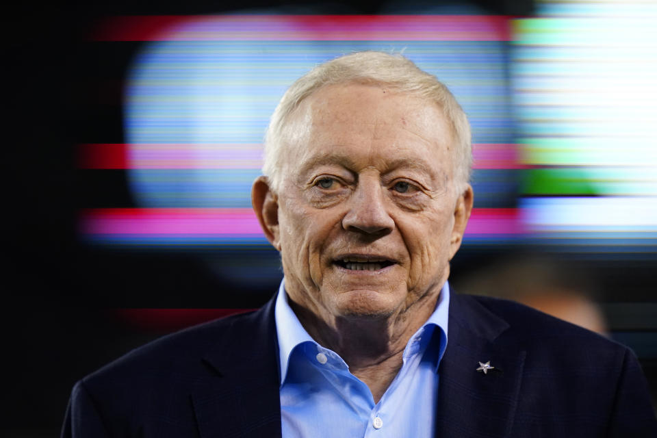 Dallas Cowboys owner Jerry Jones walks on the field before an NFL football game against the Philadelphia Eagles on Sunday, Oct. 16, 2022, in Philadelphia. (AP Photo/Matt Rourke)