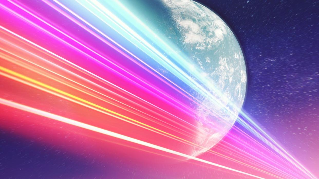 planet earth from outer space global connected with colorful light trails