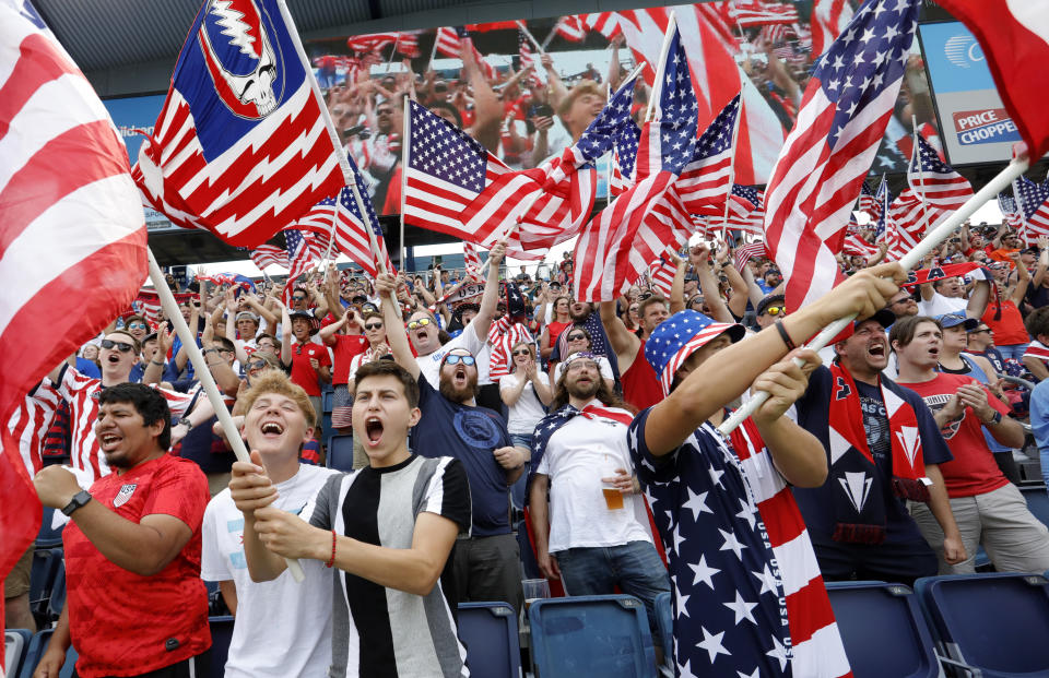 United States soccer fans react before a CONCACAF Gold Cup soccer match against Canada in Kansas City, Kan., Sunday, July 18, 2021. (AP Photo/Colin E. Braley)