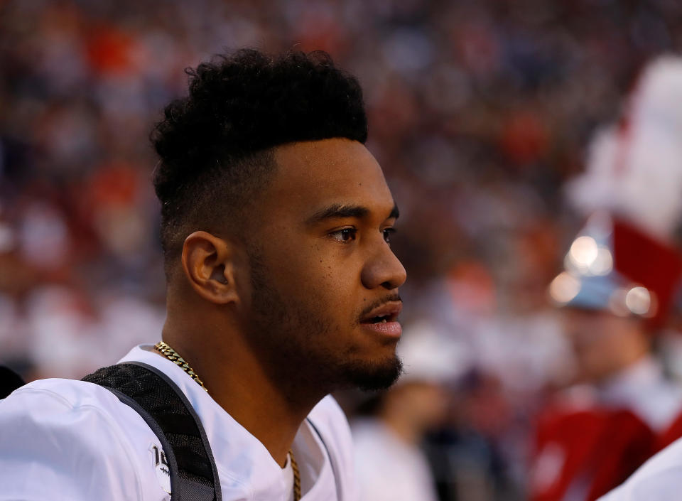 Alabama's Tua Tagovailoa (pictured) and Auburn legend Bo Jackson chatted last week prior to the Iron Bowl about their respetive hip injuries. (Photo by Kevin C. Cox/Getty Images)