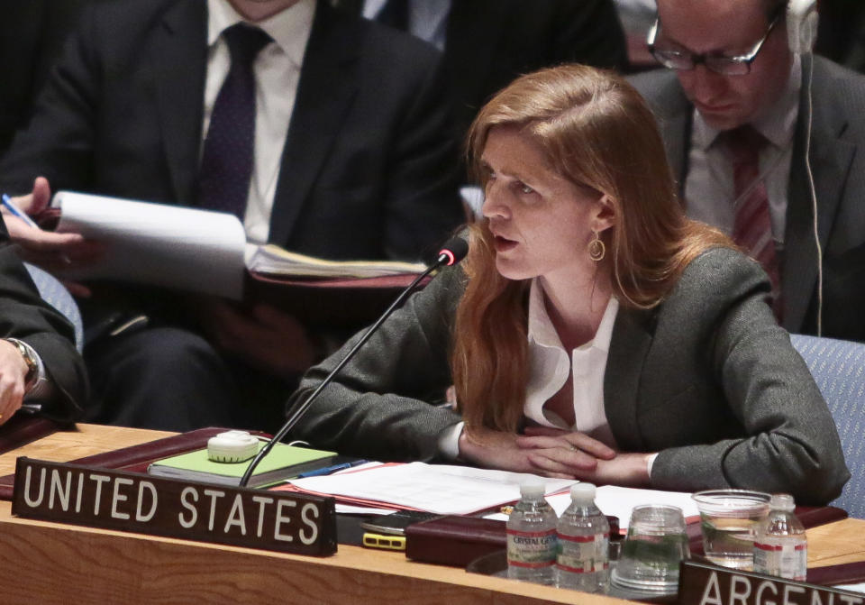 U.S. Ambassador to the United Nations Samantha Power speaks during a meeting of the U.N. Security Council on Ukraine, Monday March 3, 2014, at U.N. headquarters. (AP Photo/Bebeto Matthews)