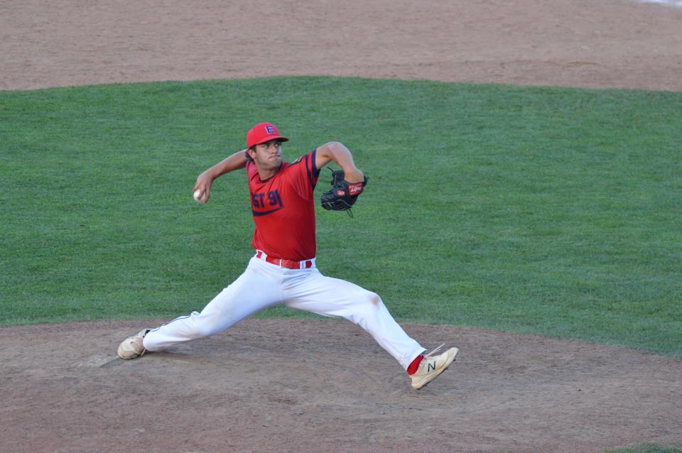 Essex Post 91 reliever Matt Safer fires a pitch Thursday during the American Legion Northeast Regionals in Worcester, Massachusetts.