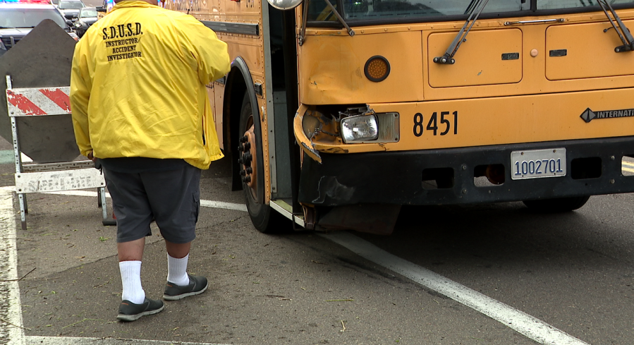 A San Diego Unified School District bus crashed with another car on March 26, 2024. (FOX 5/KUSI)