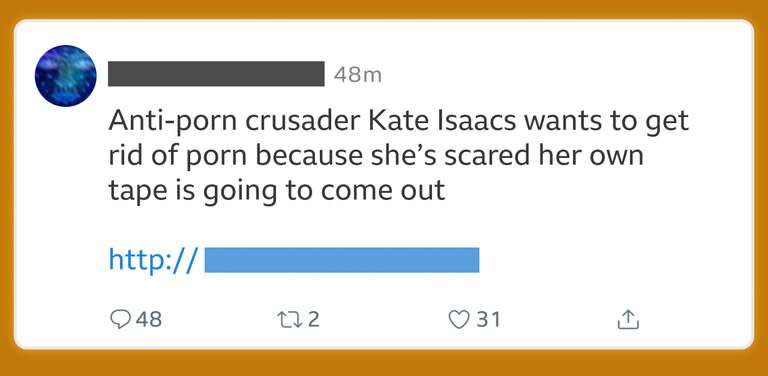 A Kate la etiquetaron en en tuit con un enlace a un video manipulado. "La cruzada antiporno Kate Isaacs quiere deshacerse de la pornografía porque tiene miedo a que salga a la luz su video", decía el tuit