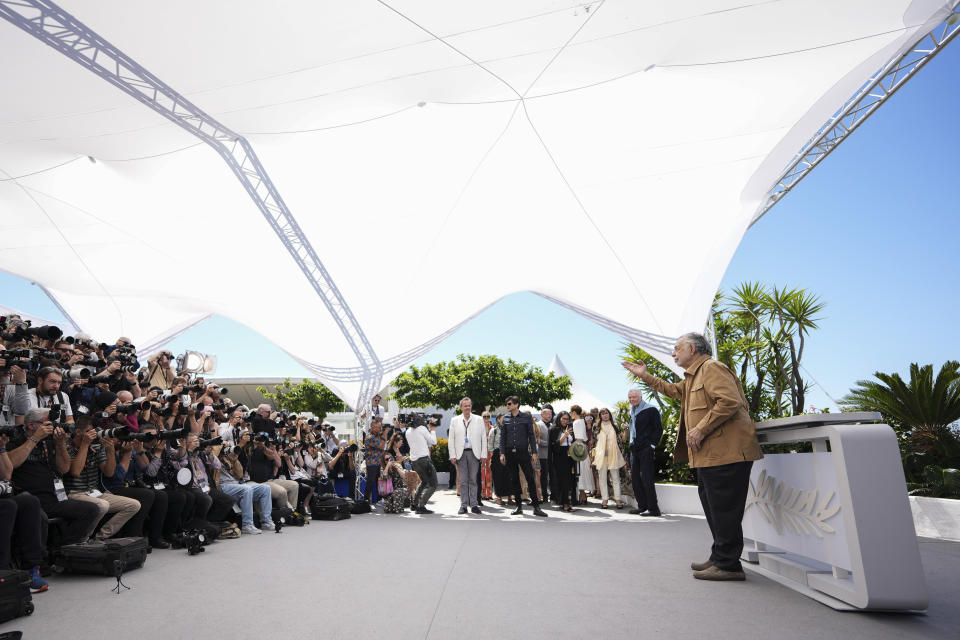 Director Francis Ford Coppola poses for photographers at the photo call for the film 'Megalopolis' at the 77th international film festival, Cannes, southern France, Friday, May 17, 2024. (Photo by Scott A Garfitt/Invision/AP)