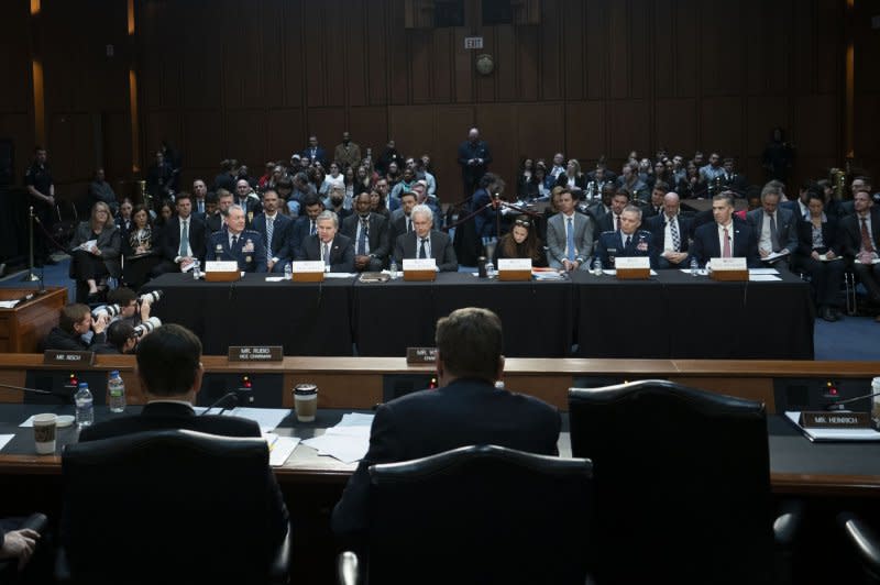 (L-R) Director of the Defense Intelligence Agency Jeffrey Kruse, Director of the Federal Bureau of Investigation Christopher Wray, Director of the Central Intelligence Agency William Burns, Direction of National Intelligence Avril Haines, Director of the National Security Agency Timothy Haugh and Assistant Secretary of State for Intelligence and Research Brett Holmgren look on Monday during a Senate Intelligence Committee hearing to "examine worldwide threats" at the U.S. Capitol in Washington, D.C. Photo by Bonnie Cash/UPI