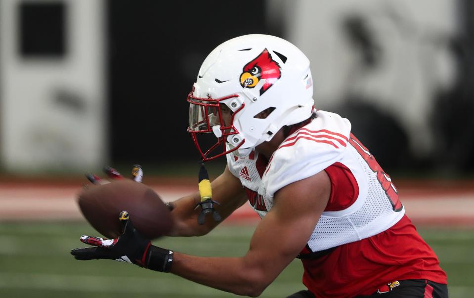 Louisville football WR Antonio Meeks (86) caught a pass during spring practice at the Trager practice facility in Louisville, Ky. on Mar. 19, 2024