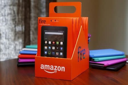 The new Amazon Fire tablet six pack is displayed during a media event introducing new Amazon products in San Francisco, California September 16, 2015. REUTERS/Beck Diefenbach