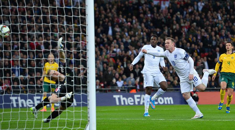 Wayne Rooney scores for England against Lithuania at Wembley on March 27, 2015