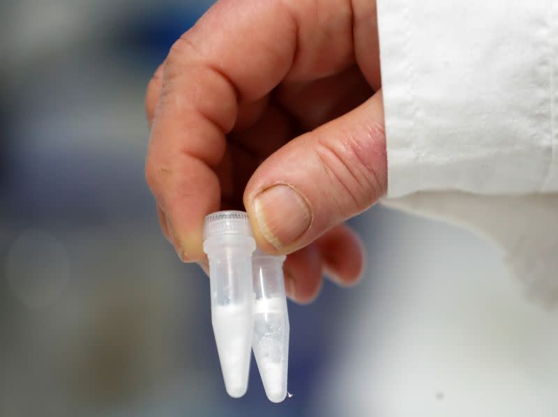 Hungarian biologist, Noemi Lukacs shows test tubes with antibodies, in Szirak