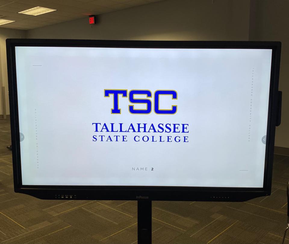 A screen displays the logo of TCC's potential new name "Tallahassee State College" during a board of trustees meeting on Tuesday, November 14, 2023.