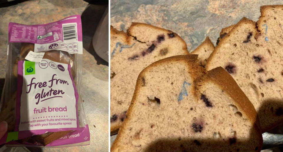 Bread package shown next to three slices of bread.