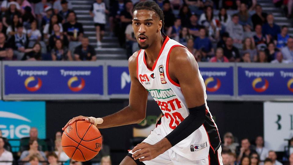 Alexandre Sarr dribbles during a basketball game for Perth Wildcats