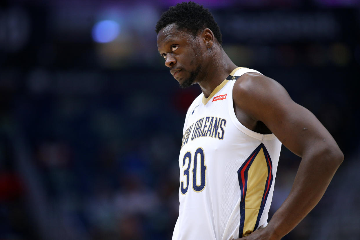 NEW ORLEANS, LOUISIANA - MARCH 26: Julius Randle #30 of the New Orleans Pelicans reacts during a game against the Atlanta Hawks at the Smoothie King Center on March 26, 2019 in New Orleans, Louisiana. NOTE TO USER: User expressly acknowledges and agrees that, by downloading and or using this photograph, User is consenting to the terms and conditions of the Getty Images License Agreement. (Photo by Jonathan Bachman/Getty Images)