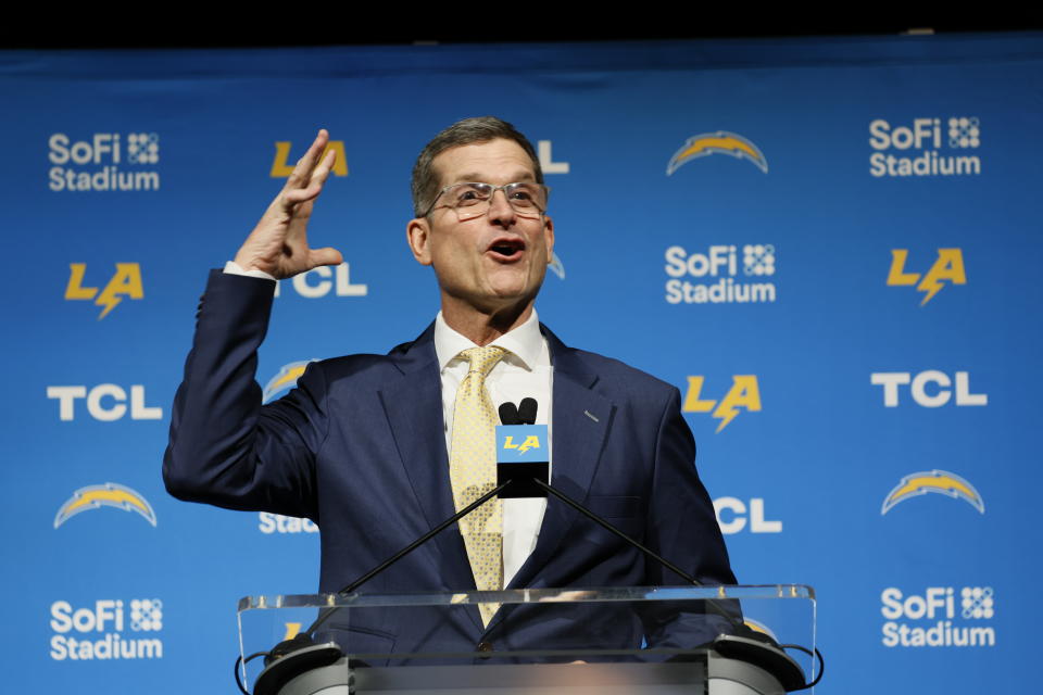 INGLEWOOD, CA - FEBRUARY 01: New Los Angeles Chargers Head Coach Jim Harbaugh speaks during his introductory press conference at YouTube Theater in Inglewood Thursday, Feb. 1, 2024. (Allen J. Schaben / Los Angeles Times via Getty Images)