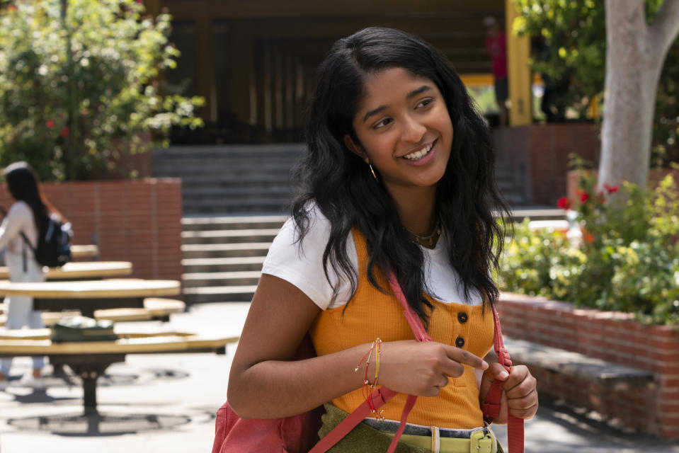 This handout photo provided by Netflix shows Maitreyi Ramakrishnan as Devi Vishwakumar in a scene from "Never Have I Ever." The series follows a first-generation Indian American teen navigating not only her culture and Hindu faith, but also raging hormones, commitment to excellence and explosive temper. (Lara Solanki/Netflix via AP)