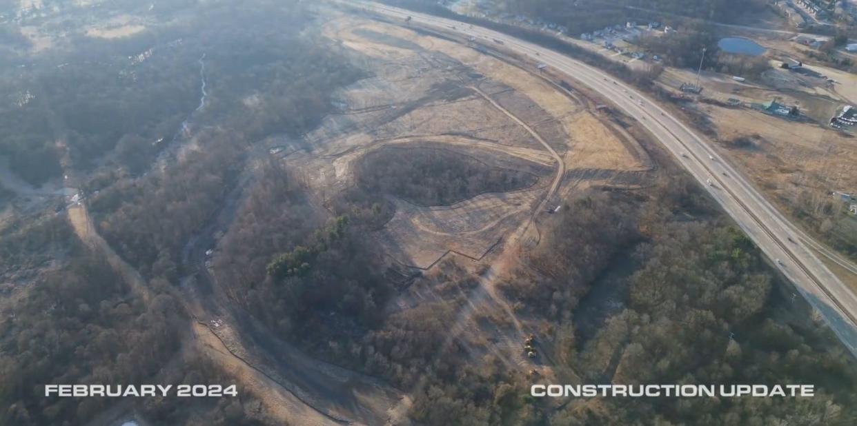 A still from a video shows the construction site of Motorsports Gateway Howell. The video was posted in February 2024 on the automotive district's website as a construction update.