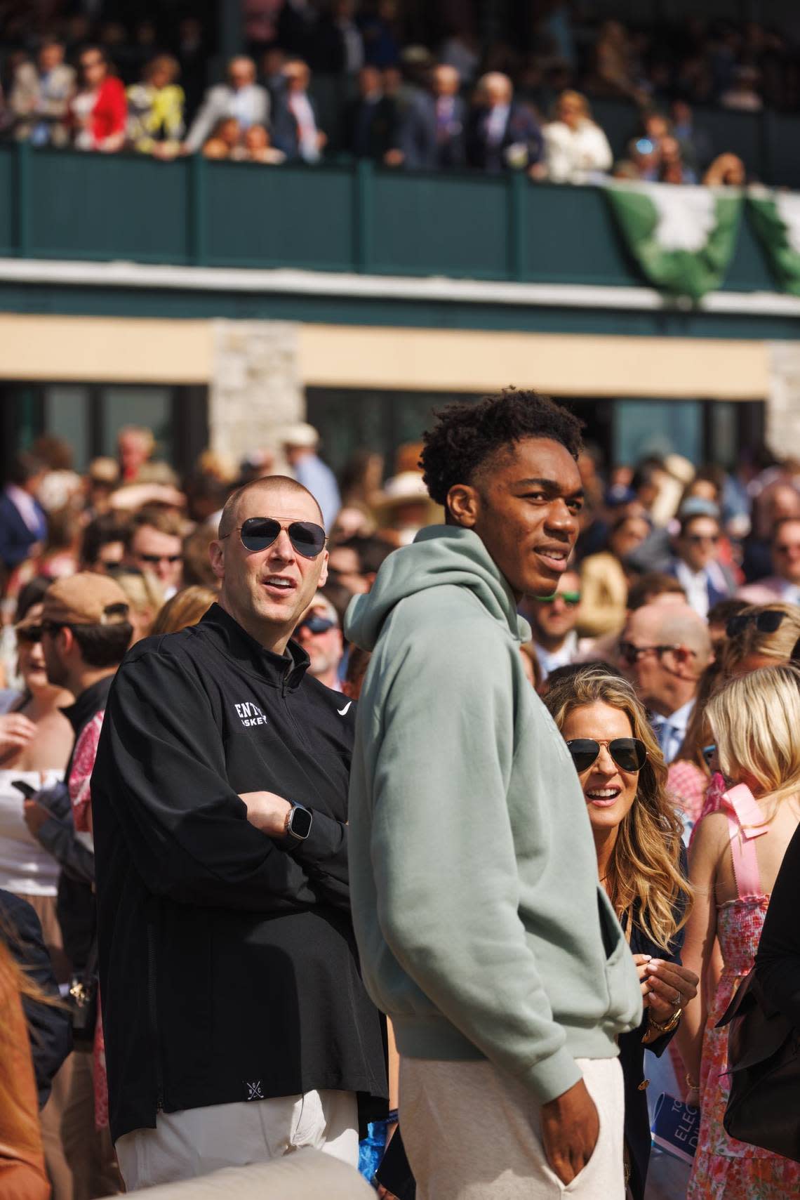 New Kentucky head coach Mark Pope, left, watches a horse race at Keeneland with Amari Williams. Formerly a four-year player at Drexel, Williams will transfer to UK for the 2024-25 season.